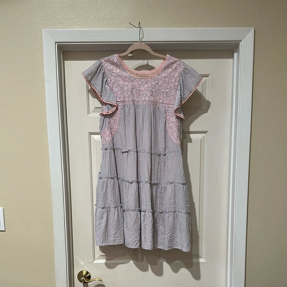 Light Pink and Light Blue J. Marie Oaxaca Ruffled Tiered  Midi Sundress NWOT
